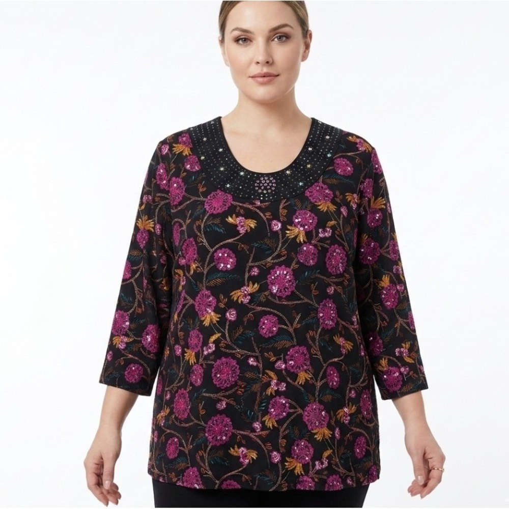 Silk Assets Diane Von Furstenberg‎ Blouse Women's 1X Black Floral Sequin Tunic